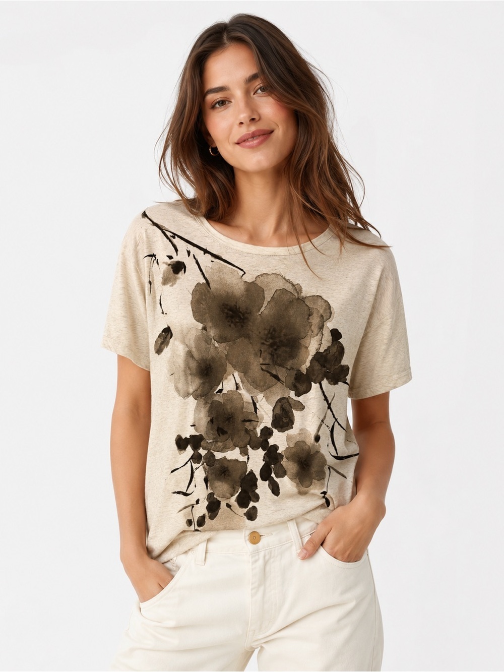 Pure J. Jill Beige Floral Watercolor Print Short Sleeve Oversized Tee Size XS